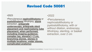 Revised Code 50081
•2023
•Percutaneous nephrolithotomy or
pyelolithotomy lithotripsy, stone
extraction, antegrade
ureteroscopy, antegrade stent
placement and nephrostomy tube
placement, when performed,
including imaging guidance;
complex (eg, stone[s] > 2 cm,
branching stones, stones in
multiple locations, ureter stones,
complicated anatomy)
•2022
•Percutaneous
nephrostolithotomy or
pyelostolithotomy, with or
without dilation, endoscopy,
lithotripsy, stenting, or basket
extraction, over 2 cm
 