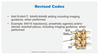 Revised Codes
• 64415-64417, 64445-64448 adding including imaging
guidance, when performed
• Example: 64415 Injection(s), anesthetic agent(s) and/or
steroid; brachial plexus, including imaging guidance, when
performed
 