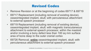 Revised Codes
• Remove Revision or at the beginning of codes 69717 & 69719
• 69717 Replacement (including removal of existing device),
osseointegrated implant, skull; with percutaneous attachment
to external speech processor
• 69719 Replacement (including removal of existing device),
osseointegrated implant, skull; with magnetic transcutaneous
attachment to external speech processor, within the mastoid
and/or involving a bony defect less than 100 sq mm surface
area of bone deep to the outer cranial cortex
• 69726 Removal, entire osseointegrated implant, skull; with
percutaneous attachment to external speech processor
 