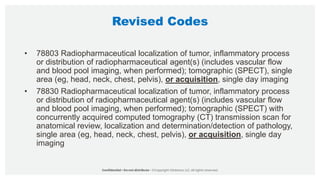 Revised Codes
• 78803 Radiopharmaceutical localization of tumor, inflammatory process
or distribution of radiopharmaceutical agent(s) (includes vascular flow
and blood pool imaging, when performed); tomographic (SPECT), single
area (eg, head, neck, chest, pelvis), or acquisition, single day imaging
• 78830 Radiopharmaceutical localization of tumor, inflammatory process
or distribution of radiopharmaceutical agent(s) (includes vascular flow
and blood pool imaging, when performed); tomographic (SPECT) with
concurrently acquired computed tomography (CT) transmission scan for
anatomical review, localization and determination/detection of pathology,
single area (eg, head, neck, chest, pelvis), or acquisition, single day
imaging
 