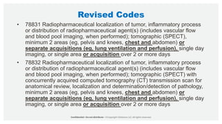 Revised Codes
• 78831 Radiopharmaceutical localization of tumor, inflammatory process
or distribution of radiopharmaceutical agent(s) (includes vascular flow
and blood pool imaging, when performed); tomographic (SPECT),
minimum 2 areas (eg, pelvis and knees, chest and abdomen) or
separate acquisitions (eg, lung ventilation and perfusion), single day
imaging, or single area or acquisition over 2 or more days
• 78832 Radiopharmaceutical localization of tumor, inflammatory process
or distribution of radiopharmaceutical agent(s) (includes vascular flow
and blood pool imaging, when performed); tomographic (SPECT) with
concurrently acquired computed tomography (CT) transmission scan for
anatomical review, localization and determination/detection of pathology,
minimum 2 areas (eg, pelvis and knees, chest and abdomen) or
separate acquisitions (eg, lung ventilation and perfusion), single day
imaging, or single area or acquisition over 2 or more days
 