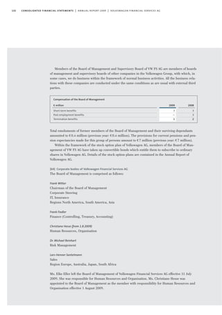 132 consolidated financial statements | annual report 2009 | volkswagen financial services ag
Members of the Board of Management and Supervisory Board of VW FS AG are members of boards
of management and supervisory boards of other companies in the Volkswagen Group, with which, in
some cases, we do business within the framework of normal business activities. All the business rela-
tions with these companies are conducted under the same conditions as are usual with external third
parties.
Total emoluments of former members of the Board of Management and their surviving dependants
amounted to €0.4 million (previous year: €0.4 million). The provisions for current pensions and pen-
sion expectancies made for this group of persons amount to €7 million (previous year: €7 million).
Within the framework of the stock option plan of Volkswagen AG, members of the Board of Man-
agement of VW FS AG have taken up convertible bonds which entitle them to subscribe to ordinary
shares in Volkswagen AG. Details of the stock option plans are contained in the Annual Report of
Volkswagen AG.
(64) Corporate bodies of Volkswagen Financial Services AG
The Board of Management is comprised as follows:
Frank Witter
Chairman of the Board of Management
Corporate Steering
IT, Insurance
Regions North America, South America, Asia
Frank Fiedler
Finance (Controlling, Treasury, Accounting)
Christiane Hesse (from 1.8.2009)
Human Resources, Organisation
Dr. Michael Reinhart
Risk Management
Lars-Henner Santelmann
Sales
Region Europe, Australia, Japan, South Africa
Ms. Elke Eller left the Board of Management of Volkswagen Financial Services AG effective 31 July
2009. She was responsible for Human Resources and Organisation. Ms. Christiane Hesse was
appointed to the Board of Management as the member with responsibility for Human Resources and
Organisation effective 1 August 2009.
2009
3
—
1
Compensation of the Board of Management
€ million
Short-term benefits
Post-employment benefits
Termination benefits
2008
3
3
2
 