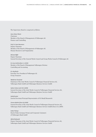 133volkswagen financial services ag | annual report 2009 | consolidated financial statements
The Supervisory Board is comprised as follows:
Hans Dieter Pötsch
Chairman
Member of the Board of Management of Volkswagen AG
Finance and Controlling
Prof. Dr. Horst Neumann
Deputy Chairman
Member of the Board of Management of Volkswagen AG
Human Resources and Organisation
Michael Riffel
Deputy Chairman
General Secretary of the General Works Council and Group Works Council of Volkswagen AG
Dr. Arno Antlitz (from 1.1.2010)
Member of the Board of Management Volkswagen Division
Controlling and Accounting
Dr. Jörg Boche
Executive Vice President of Volkswagen AG
Group Treasurer
Waldemar Drosdziok
Chairman of the Joint Works Council of Volkswagen Financial Services AG,
Volkswagen Bank GmbH and Volkswagen Business Services GmbH
Sabine Ferken (until 20.3.2009)
General Secretary of the Joint Works Council of Volkswagen Financial Services AG,
Volkswagen Bank GmbH and Volkswagen Business Services GmbH
Detlef Kunkel
General Secretary/Principal Representative of IG Metall Brunswick
Simone Mahler (from 9.6.2009)
General Secretary of the Joint Works Council of Volkswagen Financial Services AG,
Volkswagen Bank GmbH and Volkswagen Business Services GmbH (from 23.4.2009)
Gabor Polonyi
Head of Sales Germany Private and Corporate Customers
of Volkswagen Bank GmbH
Alfred Rodewald
Deputy Chairman of the Joint Works Council of Volkswagen Financial Services AG,
Volkswagen Bank GmbH and Volkswagen Business Services GmbH
 