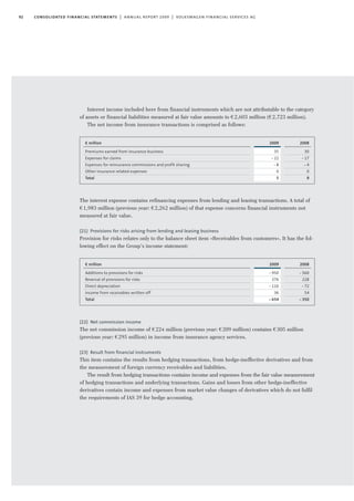 92 consolidated financial statements | annual report 2009 | volkswagen financial services ag
Interest income included here from financial instruments which are not attributable to the category
of assets or financial liabilities measured at fair value amounts to €2,603 million (€2,723 million).
The net income from insurance transactions is comprised as follows:
The interest expense contains refinancing expenses from lending and leasing transactions. A total of
€1,983 million (previous year: €2,262 million) of that expense concerns financial instruments not
measured at fair value.
(21) Provisions for risks arising from lending and leasing business
Provision for risks relates only to the balance sheet item »Receivables from customers«. It has the fol-
lowing effect on the Group’s income statement:
(22) Net commission income
The net commission income of €224 million (previous year: €209 million) contains €305 million
(previous year: €295 million) in income from insurance agency services.
(23) Result from ﬁnancial instruments
This item contains the results from hedging transactions, from hedge-ineffective derivatives and from
the measurement of foreign currency receivables and liabilities.
The result from hedging transactions contains income and expenses from the fair value measurement
of hedging transactions and underlying transactions. Gains and losses from other hedge-ineffective
derivatives contain income and expenses from market value changes of derivatives which do not fulfil
the requirements of IAS 39 for hedge accounting.
2009
35
-22
-8
0
5
€ million
Premiums earned from insurance business
Expenses for claims
Expenses for reinsurance commissions and profit sharing
Other insurance-related expenses
Total
2008
30
-17
-4
0
9
2009
-950
376
-116
36
-654
€ million
Additions to provisions for risks
Reversal of provisions for risks
Direct depreciation
Income from receivables written off
Total
2008
-560
228
-72
54
-350
 