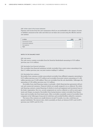 96 consolidated financial statements | annual report 2009 | volkswagen financial services ag
(28) Further notes to the income statement
Expenses and income from fees and commissions which are not attributable to the category of assets
or liabilities measured at fair value and which are not taken into account using the effective interest
rate method:
notes to the balance sheet
(29) Cash reserve
The cash reserve contains receivables from the Deutsche Bundesbank amounting to €333 million
(previous year: €414 million).
(30) Receivables from ﬁnancial institutions
The receivables from financial institutions include receivables from a joint venture amounting to less
than €1 million (previous year: one joint ventures totalling €1 million).
(31) Receivables from customers
Receivables from customers include unsecuritised receivables from affiliated companies amounting to
€675 million (previous year: €375 million) and receivables from joint ventures amounting to €1,486
million (previous year: €1,805 million). There are receivables from the sole shareholder, Volkswagen AG,
amounting to €106 million (previous year: €12 million).
Receivables from retail financing contain, in principle, vehicle financing loan agreements with pri-
vate and commercial customers. Financed vehicles are usually assigned to us as collateral. The whole-
sale financing contracts contain financing of vehicles in stock and equipment and investment loans to
the dealer organisation. Here too, security assignments are used as collateral, as well as surety agree-
ments and charges on property. Receivables from leasing business contain receivables from finance
leases and receivables due from leased assets. Other receivables essentially consist of receivables from
companies in the Volkswagen Group and of credit lines and overdraft facilities utilised by customers.
The terms of the contracts are usually between six and 72 months. As a rule, credit lines are
granted indefinitely. The interest rates, which essentially are fixed, are between 0.90% and 24.00%
(previous year: 0.00% and 22.13%).
2009
3
-3
-1
-1
€ million
Commission income
Commission expenses
Free expenses
Total
2008
2
-2
-1
-1
 