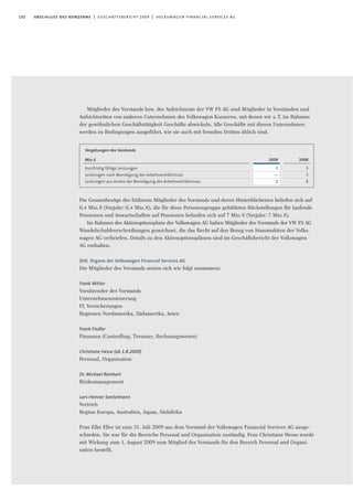 132 abschluss des konzerns | geschäftsbericht 2009 | volkswagen financial services ag
Mitglieder des Vorstands bzw. des Aufsichtsrats der VW FS AG sind Mitglieder in Vorständen und
Aufsichtsräten von anderen Unternehmen des Volkswagen Konzerns, mit denen wir z.T. im Rahmen
der gewöhnlichen Geschäftstätigkeit Geschäfte abwickeln. Alle Geschäfte mit diesen Unternehmen
werden zu Bedingungen ausgeführt, wie sie auch mit fremden Dritten üblich sind.
Die Gesamtbezüge der früheren Mitglieder des Vorstands und deren Hinterbliebenen beliefen sich auf
0,4 Mio.€ (Vorjahr: 0,4 Mio.€), die für diese Personengruppe gebildeten Rückstellungen für laufende
Pensionen und Anwartschaften auf Pensionen belaufen sich auf 7 Mio.€ (Vorjahr: 7 Mio.€).
Im Rahmen des Aktienoptionsplans der Volkswagen AG haben Mitglieder des Vorstands der VW FS AG
Wandelschuldverschreibungen gezeichnet, die das Recht auf den Bezug von Stammaktien der Volks-
wagen AG verbriefen. Details zu den Aktienoptionsplänen sind im Geschäftsbericht der Volkswagen
AG enthalten.
(64) Organe der Volkswagen Financial Services AG
Die Mitglieder des Vorstands setzen sich wie folgt zusammen:
Frank Witter
Vorsitzender des Vorstands
Unternehmenssteuerung
IT, Versicherungen
Regionen Nordamerika, Südamerika, Asien
Frank Fiedler
Finanzen (Controlling, Treasury, Rechnungswesen)
Christiane Hesse (ab 1.8.2009)
Personal, Organisation
Dr. Michael Reinhart
Risikomanagement
Lars-Henner Santelmann
Vertrieb
Region Europa, Australien, Japan, Südafrika
Frau Elke Eller ist zum 31. Juli 2009 aus dem Vorstand der Volkswagen Financial Services AG ausge-
schieden. Sie war für die Bereiche Personal und Organisation zuständig. Frau Christiane Hesse wurde
mit Wirkung zum 1. August 2009 zum Mitglied des Vorstands für den Bereich Personal und Organi-
sation bestellt.
2009
3
—
1
Vergütungen des Vorstands
Mio.€
Kurzfristig fällige Leistungen
Leistungen nach Beendigung des Arbeitsverhältnisses
Leistungen aus Anlass der Beendigung des Arbeitsverhältnisses
2008
3
3
2
 