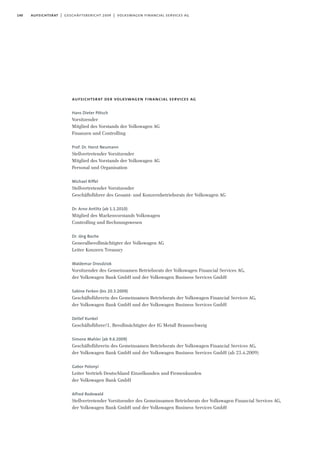 140 aufsichtsrat | geschäftsbericht 2009 | volkswagen financial services ag
aufsichtsrat der volkswagen financial services ag
Hans Dieter Pötsch
Vorsitzender
Mitglied des Vorstands der Volkswagen AG
Finanzen und Controlling
Prof. Dr. Horst Neumann
Stellvertretender Vorsitzender
Mitglied des Vorstands der Volkswagen AG
Personal und Organisation
Michael Riffel
Stellvertretender Vorsitzender
Geschäftsführer des Gesamt- und Konzernbetriebsrats der Volkswagen AG
Dr. Arno Antlitz (ab 1.1.2010)
Mitglied des Markenvorstands Volkswagen
Controlling und Rechnungswesen
Dr. Jörg Boche
Generalbevollmächtigter der Volkswagen AG
Leiter Konzern Treasury
Waldemar Drosdziok
Vorsitzender des Gemeinsamen Betriebsrats der Volkswagen Financial Services AG,
der Volkswagen Bank GmbH und der Volkswagen Business Services GmbH
Sabine Ferken (bis 20.3.2009)
Geschäftsführerin des Gemeinsamen Betriebsrats der Volkswagen Financial Services AG,
der Volkswagen Bank GmbH und der Volkswagen Business Services GmbH
Detlef Kunkel
Geschäftsführer/1. Bevollmächtigter der IG Metall Braunschweig
Simone Mahler (ab 9.6.2009)
Geschäftsführerin des Gemeinsamen Betriebsrats der Volkswagen Financial Services AG,
der Volkswagen Bank GmbH und der Volkswagen Business Services GmbH (ab 23.4.2009)
Gabor Polonyi
Leiter Vertrieb Deutschland Einzelkunden und Firmenkunden
der Volkswagen Bank GmbH
Alfred Rodewald
Stellvertretender Vorsitzender des Gemeinsamen Betriebsrats der Volkswagen Financial Services AG,
der Volkswagen Bank GmbH und der Volkswagen Business Services GmbH
 