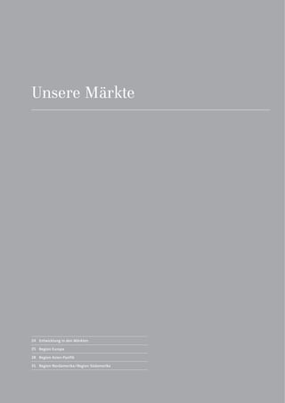 Unsere Märkte
24 Entwicklung in den Märkten
25 Region Europa
28 Region Asien-Pazifik
31 Region Nordamerika/Region Südamerika
 
