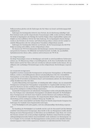 87volkswagen financial services ag | geschäftsbericht 2009 | abschluss des konzerns
Teilkonzernebene gleichen sich die Änderungen des Fair Values von Grund- und Sicherungsgeschäft
weitgehend aus.
Änderungen des beizulegenden Zeitwerts eines Derivats, das als Absicherung zukünftiger Cash
flows bestimmt wurde und die entsprechenden Voraussetzungen erfüllt, werden mit ihrem effektiven
Teil direkt im Eigenkapital in der Rücklage für Cash flow Hedges erfasst. Ergebniseffekte ergeben sich
lediglich aus dem ineffektiven Teil der Fair Value-Änderung. Die im Eigenkapital erfassten Beträge
werden in den Perioden in der Gewinn- und Verlustrechnung erfasst, in denen sich die variabel ver-
zinsliche Bilanzposition oder die vorhergesehene Transaktion erfolgswirksam auswirkt.
Änderungen der beizulegenden Zeitwerte von Derivaten, die die Voraussetzungen des IAS39 für
Hedge-Accounting nicht erfüllen, werden erfolgswirksam erfasst.
Der Konzern der VW FS AG dokumentiert alle Beziehungen zwischen Sicherungsinstrumenten
und gesicherten Positionen. Die Effektivität wird laufend beurteilt. Geschäfte, die ausschließlich
Spekulationszwecken dienen sollen, existieren nicht im Konzern der VW FS AG.
(11) Übrige Finanzanlagen
Als übrige Finanzanlagen weisen wir Beteiligungen und Anteile an nicht konsolidierten Tochterunter-
nehmen aus. Die Bilanzierung erfolgt zu Anschaffungskosten, da für diese Gesellschaften kein aktiver
Markt existiert und die Fair Values nicht mit vertretbarem Aufwand ermittelt werden können. Bei sig-
nifikanten oder nachhaltigen Wertminderungen werden erfolgswirksame Abschreibungen vorgenom-
men.
(12) Immaterielle Vermögenswerte
Entgeltlich erworbene immaterielle Vermögenswerte mit begrenzter Nutzungsdauer, im Wesentlichen
Software, werden zu Anschaffungskosten aktiviert und planmäßig linear über ihre wirtschaftliche
Nutzungsdauer von drei Jahren abgeschrieben. Eigenentwickelte Software wird unter den Vorausset-
zungen des IAS 38 mit direkt zurechenbaren Einzel- und Gemeinkosten aktiviert. Die Abschreibung
erfolgt ebenfalls linear über drei Jahre.
An jedem Bilanzstichtag wird eingeschätzt, ob Anhaltspunkte dafür vorliegen, dass ein immaterieller
Vermögenswert mit begrenzter Nutzungsdauer wertgemindert ist. Gegebenenfalls wird dann ein Ver-
gleich des Buchwerts mit dem erzielbaren Betrag durchgeführt und eine außerplanmäßige Abschrei-
bung auf den niedrigeren erzielbaren Betrag vorgenommen.
Immaterielle Vermögenswerte mit unbestimmter Nutzungsdauer werden nicht planmäßig abgeschrie-
ben. Das Vorliegen einer unbestimmten Nutzungsdauer wird jährlich überprüft. Die Werthaltigkeit
dieser Vermögenswerte wird durch einen Vergleich zwischen Buchwert und erzielbarem Betrag ge-
mäß IAS 36 einmal jährlich vorgenommen. Bei entsprechendem Bedarf erfolgt eine außerplanmäßige
Abschreibung auf den niedrigeren erzielbaren Betrag (vgl. Textziffer 14).
Goodwills werden einmal jährlich und darüber hinaus bei Eintritt entsprechender Ereignisse bzw.
Änderungen der Umstände einem Impairmenttest unterzogen.
Ist die Werthaltigkeit nicht mehr gegeben, wird eine außerplanmäßige Abschreibung vorgenom-
men.
Zur Ermittlung der Werthaltigkeit von Goodwills wird der nach der Discounted Cash flow-Methode
ermittelte Unternehmenswert herangezogen. Basis hierfür ist die vom Management erstellte aktuelle
Planung mit einem Planungszeitraum von fünf Jahren mit anschließender ewiger Rente. Der verwen-
dete Zinssatz orientiert sich an dem jeweiligen langfristigen Marktzins entsprechend der jeweiligen
zahlungsmittelgenerierenden Einheit. Konzerneinheitlich wurde mindestens ein Abzinsungssatz von
8,4% (Vorjahr: 8,5%) verwendet. Die Planungsprämissen werden jeweils an den aktuellen Erkennt-
nisstand angepasst. Dabei werden angemessene Annahmen zu makroökonomischen Trends sowie
 