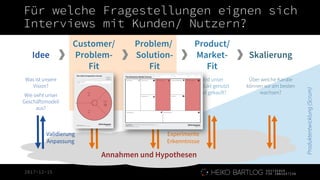 2017-12-15
Produktentwicklung(Scrum)
Idee
Customer/
Problem-
Fit
Problem/
Solution-
Fit
Product/
Market-
Fit
Skalierung
Was ist unsere
Vision?
Wie sieht unser
Geschäftsmodell
aus?
Wie tickt unsere
Zielgruppe?
Welche Probleme
sind zu lösen?
Passt unsere
Lösung zu den
Problemen der
Zielgruppe?
Wird unser
Produkt genutzt
und gekauft?
Über welche Kanäle
können wir am besten
wachsen?
Annahmen und Hypothesen
Experimente
Erkenntnisse
Validierung
Anpassung
Für welche Fragestellungen eignen sich
Interviews mit Kunden/ Nutzern?
 