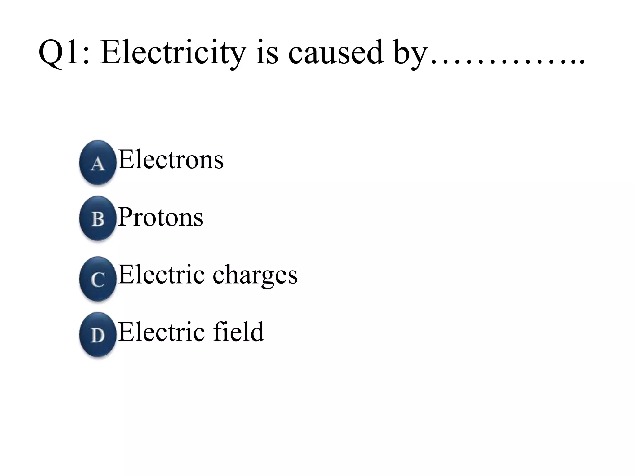 Q1: Electricity is caused by…………..
Electrons
Protons
Electric charges
Electric field
 