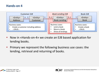 Andreas Martin - Page 17
Book EJBCustomer EJB
Business cases:
• Create a customer including address
• …CRUD…
Book Lending EJB
Hands-on 4
 Now in «Hands-on-4» we create an EJB based application for
lending books.
 Primary we represent the following business use cases: the
lending, retrieval and returning of books.
4. Business Logic Layer
<Entity>
Address
<Entity>
Customer
<Entity>
Book Lending
<Entity>
Book
n 1 0..1 0..1 1
Business cases:
• Lend a book
• Return a book
• Show all lendings
Business cases:
• Create a book
• …CRUD..
1
 