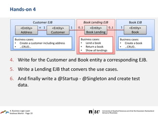 Andreas Martin - Page 19
Hands-on 4
4. Write for the Customer and Book entity a corresponding EJB.
5. Write a Lending EJB that convers the use cases.
6. And finally write a @Startup - @Singleton and create test
data.
4. Business Logic Layer
Book EJBCustomer EJB
Business cases:
• Create a customer including address
• …CRUD…
Book Lending EJB
<Entity>
Address
<Entity>
Customer
<Entity>
Book Lending
<Entity>
Book
n 1 0..1 0..1 1
Business cases:
• Lend a book
• Return a book
• Show all lendings
Business cases:
• Create a book
• …CRUD..
1
 