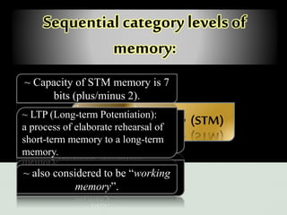Sequential category levels of
memory:
Short-term memory (STM)~ Typically lasts up to 30 seconds
without needing a rehearsal or
repeated sensation.
~Stores items by meaning, called
bits.
~ Capacity of STM memory is 7
bits (plus/minus 2).
~ LTP (Long-term Potentiation):
a process of elaborate rehearsal of
short-term memory to a long-term
memory.
~ also considered to be “working
memory”.
 
