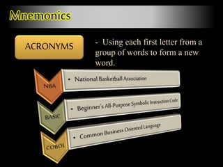 Mnemonics
ACRONYMS - Using each first letter from a
group of words to form a new
word.
 