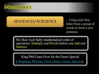 SENTENCES/ACROSTICS
Mnemonics
- Using each first
letter from a group of
words to form a new
sentence.
My Dear Aunt Sally (mathematical order of
operations: Multiply and Divide before you Add and
Subtract
King Phil Came Over for the Genes Special
( Kingdom, Phylum, Class, Order, Genus, Species)
 