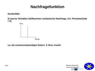 2016 Markus Hammele
www.let-online.de
Nachfragefunktion
Sonderfälle:
2) starres Verhalten (Vollkommen unelastische Nachfrage, d.h. Preiselastizität
= 0)
v.a. bei existenznotwendigen Gütern  Brot, Insulin
 