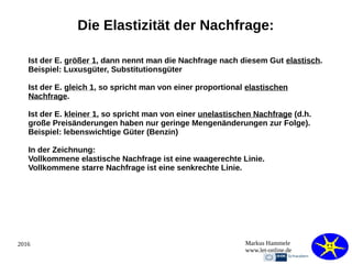 2016 Markus Hammele
www.let-online.de
Die Elastizität der Nachfrage:
Ist der E. größer 1, dann nennt man die Nachfrage nach diesem Gut elastisch.
Beispiel: Luxusgüter, Substitutionsgüter
Ist der E. gleich 1, so spricht man von einer proportional elastischen
Nachfrage.
Ist der E. kleiner 1, so spricht man von einer unelastischen Nachfrage (d.h.
große Preisänderungen haben nur geringe Mengenänderungen zur Folge).
Beispiel: lebenswichtige Güter (Benzin)
In der Zeichnung:
Vollkommene elastische Nachfrage ist eine waagerechte Linie.
Vollkommene starre Nachfrage ist eine senkrechte Linie.
 