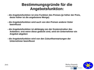 2016 Markus Hammele
www.let-online.de
Bestimmungsgründe für die
Angebotsfunktion:
- die Angebotsfunktion ist eine Funktion des Preises (je höher der Preis,
desto höher ist die angebotene Menge)
- die Angebotsfunktion wird auch von den Preisen anderer Güter
beeinflusst
- die Angebotsfunktion ist abhängig von der Kostenstruktur des
Anbieters: erst wenn diese gedeckt sind, wird ein Unternehmer ein
Angebot abgeben
- die Angebotsfunktion wird von den Zukunftserwartungen der
Unternehmer beeinflusst
 