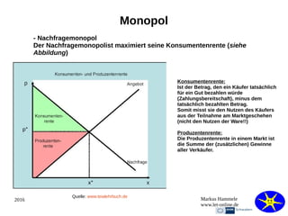 2016 Markus Hammele
www.let-online.de
Monopol
- Nachfragemonopol
Der Nachfragemonopolist maximiert seine Konsumentenrente (siehe
Abbildung)
Quelle: www.teialehrbuch.de
Konsumentenrente:
Ist der Betrag, den ein Käufer tatsächlich
für ein Gut bezahlen würde
(Zahlungsbereitschaft), minus dem
tatsächlich bezahlten Betrag.
Somit misst sie den Nutzen des Käufers
aus der Teilnahme am Marktgeschehen
(nicht den Nutzen der Ware!!)
Produzentenrente:
Die Produzentenrente in einem Markt ist
die Summe der (zusätzlichen) Gewinne
aller Verkäufer.
 