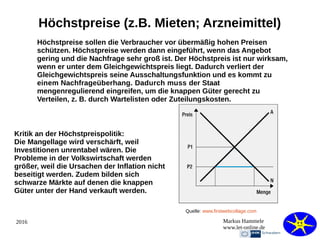 2016 Markus Hammele
www.let-online.de
Höchstpreise (z.B. Mieten; Arzneimittel)
Höchstpreise sollen die Verbraucher vor übermäßig hohen Preisen
schützen. Höchstpreise werden dann eingeführt, wenn das Angebot
gering und die Nachfrage sehr groß ist. Der Höchstpreis ist nur wirksam,
wenn er unter dem Gleichgewichtspreis liegt. Dadurch verliert der
Gleichgewichtspreis seine Ausschaltungsfunktion und es kommt zu
einem Nachfrageüberhang. Dadurch muss der Staat
mengenregulierend eingreifen, um die knappen Güter gerecht zu
Verteilen, z. B. durch Wartelisten oder Zuteilungskosten.
Kritik an der Höchstpreispolitik:
Die Mangellage wird verschärft, weil
Investitionen unrentabel wären. Die
Probleme in der Volkswirtschaft werden
größer, weil die Ursachen der Inflation nicht
beseitigt werden. Zudem bilden sich
schwarze Märkte auf denen die knappen
Güter unter der Hand verkauft werden.
Quelle: www.firstwebcollage.com
 