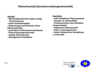 2016 Markus Hammele
www.let-online.de
Planwirtschaft (Zentralverwaltungswirtschaft)
Vorteile
- Wirtschaftseinheiten haben wenig
Verantwortung
- keine Arbeitslosigkeit
- Gütermenge ausreichend, keine
Überproduktion
- gerechtere Einkommensverteilung
- keine Klassengesellschaft
- soziale Absicherung
- ökologische Produktion
Nachteile
- sehr komplexes Planungswerk
- System ist schwerfällig
- Freiheitsrechte sind erheblich
eingeschränkt
- begrenzte Güterauswahl
- keine Leistungsanreize
- hoher Aufwand an Verwaltung
u. Kontrolle
 