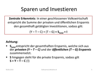 Sparen und InvestierenAchtung: Stotalentspricht der gesamthaften Ersparnis, welche sich aus 	der privaten (Y – T – C) und der öffentlichen (T – G) Ersparnis 	zusammensetzt. 