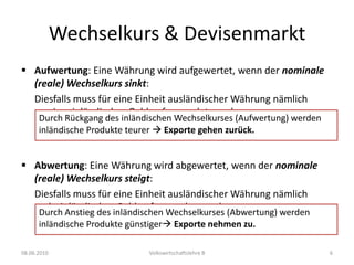 Liegt der reale Wechselkurs über einem Wert von 1 (R > 1), ist die inländische Währung (Schweizer Franken) hingegen unterbewertet.Kaufkraftparität08.06.2010Volkswirtschaftslehre B4Der nominale Wechselkurs E, bei welchem der reale Wechselkurs 1 beträgt (R = 1), wird als Kaufkraftparität bezeichnet:Beispiel: 	Ein Fahrzeug kostet in DE EUR 50‘000, in der Schweiz CHF 100‘000