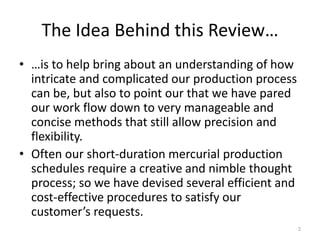 The Idea Behind this Review…
• …is to help bring about an understanding of how
intricate and complicated our production process
can be, but also to point our that we have pared
our work flow down to very manageable and
concise methods that still allow precision and
flexibility.
• Often our short-duration mercurial production
schedules require a creative and nimble thought
process; so we have devised several efficient and
cost-effective procedures to satisfy our
customer’s requests.
2
 