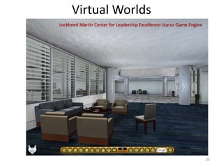 Virtual Worlds
Lockheed Martin Center for Leadership Excellence- Icarus Game Engine
20
 