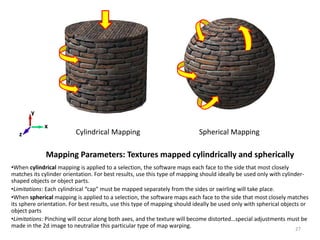 Mapping Parameters: Textures mapped cylindrically and spherically
•When cylindrical mapping is applied to a selection, the software maps each face to the side that most closely
matches its cylinder orientation. For best results, use this type of mapping should ideally be used only with cylinder-
shaped objects or object parts.
•Limitations: Each cylindrical “cap” must be mapped separately from the sides or swirling will take place.
•When spherical mapping is applied to a selection, the software maps each face to the side that most closely matches
its sphere orientation. For best results, use this type of mapping should ideally be used only with spherical objects or
object parts
•Limitations: Pinching will occur along both axes, and the texture will become distorted…special adjustments must be
made in the 2d image to neutralize this particular type of map warping.
Spherical MappingCylindrical Mapping
x
z
y
27
 