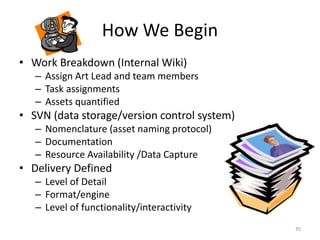How We Begin
• Work Breakdown (Internal Wiki)
– Assign Art Lead and team members
– Task assignments
– Assets quantified
• SVN (data storage/version control system)
– Nomenclature (asset naming protocol)
– Documentation
– Resource Availability /Data Capture
• Delivery Defined
– Level of Detail
– Format/engine
– Level of functionality/interactivity
35
 