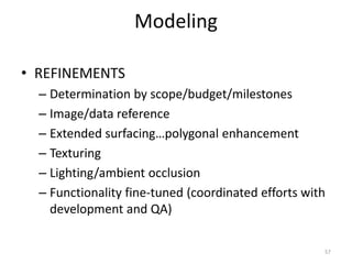 Modeling
• REFINEMENTS
– Determination by scope/budget/milestones
– Image/data reference
– Extended surfacing…polygonal enhancement
– Texturing
– Lighting/ambient occlusion
– Functionality fine-tuned (coordinated efforts with
development and QA)
57
 