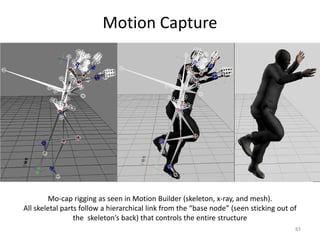 Motion Capture
83
Mo-cap rigging as seen in Motion Builder (skeleton, x-ray, and mesh).
All skeletal parts follow a hierarchical link from the “base node” (seen sticking out of
the skeleton’s back) that controls the entire structure
 
