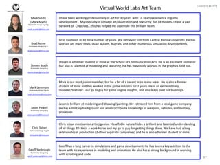 97
I have been working professionally in Art for 30 years with 14 years experience in game
development . My specialty is concept art/illustration and texturing for 3d models. I have a vast
network of Creatives…this has helped me assemble this brilliant team.
mark.a.smith@lmco.com
brad.d.acree@lmco.com
steven.brady@lmco.com
mark.lemmons@lmco.com
jason.powell@lmco.com
chris.seher@lmco.com
Mark Smith
(Marx Myth)
Multimedia Design Eng Mgr
Brad Acree
Multimedia Design Eng Sr
Steven Brady
Multimedia Design Eng
Mark Lemmons
Multimedia Design Eng Asc
Jason Powell
Multimedia Design Eng
Geoff Yarbrough
Multimedia Design Eng
Chris Seher
Multimedia Design Eng Stf
geoff.yarbrough@lmco.com
Brad has been in 3d for a number of years. We retrieved him from Central Florida University. He has
worked on many titles, Duke Nukem, Rugrats, and other numerous simulation developments.
Steven is a former student of mine at the School of Communication Arts. He is an excellent animator
but also is talented at modeling and texturing. He has previously worked in the graphics field too.
Mark is our most junior member, but he a bit of a savant in so many areas. He is also a former
student of mine and has worked in the game industry for 2 years. He is an extraordinary
modeler/texturer…our go to guy for game engine insights, and also leaps over tall buildings.
Jason is brilliant at modeling and drawing/painting. We retrieved him from a local game company.
He has a military background and an encyclopedia knowledge of weapons, vehicles, and military
processes.
Chris is our most senior artist/genius. His affable nature hides a brilliant and talented understanding
of all things 3D. He is a work horse and my go to guy for getting things done. We have had a long
relationship in production (2 other separate companies) and he is also a former student of mine.
Geoff has a long career in simulations and game development. He has been a key addition to the
team with his experience in modeling and animation. He also has a strong background in working
with scripting and code.
 