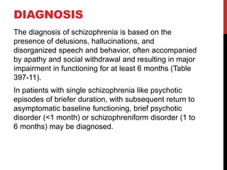 DIAGNOSIS
The diagnosis of schizophrenia is based on the
presence of delusions, hallucinations, and
disorganized speech and behavior, often accompanied
by apathy and social withdrawal and resulting in major
impairment in functioning for at least 6 months (Table
397-11).
In patients with single schizophrenia like psychotic
episodes of briefer duration, with subsequent return to
asymptomatic baseline functioning, brief psychotic
disorder (<1 month) or schizophreniform disorder (1 to
6 months) may be diagnosed.
 