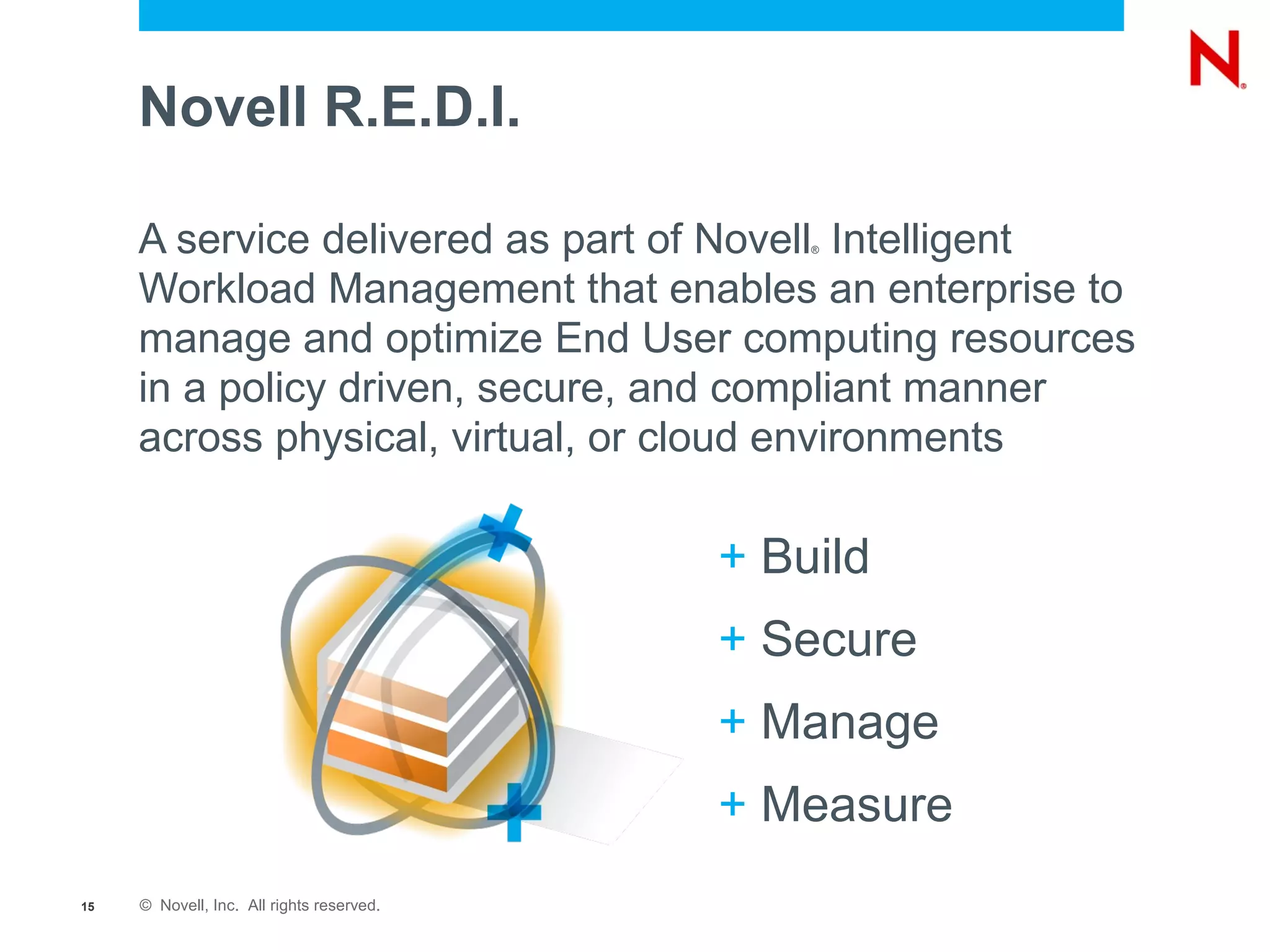 Novell R.E.D.I.

     A service delivered as part of Novell Intelligent
                                               ®



     Workload Management that enables an enterprise to
     manage and optimize End User computing resources
     in a policy driven, secure, and compliant manner
     across physical, virtual, or cloud environments

                                           + Build
                                           + Secure
                                           + Manage
                                           + Measure
15   © Novell, Inc. All rights reserved.
 