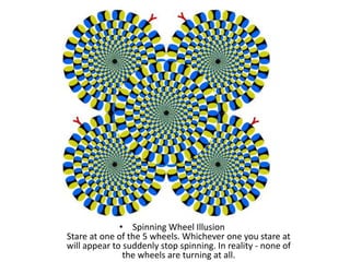 • Spinning Wheel Illusion
Stare at one of the 5 wheels. Whichever one you stare at
will appear to suddenly stop spinning. In reality - none of
the wheels are turning at all.
 