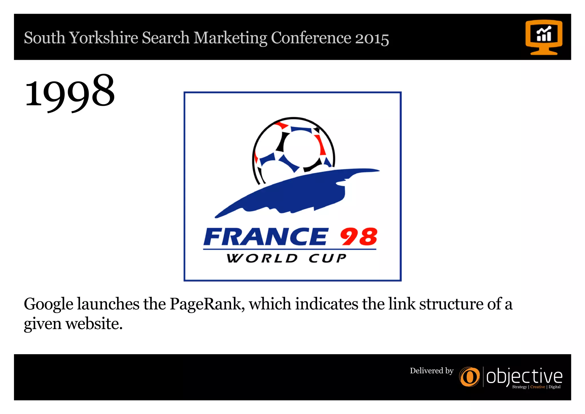 South Yorkshire Search Marketing Conference 2015
Delivered by
1998
Google launches the PageRank, which indicates the link structure of a
given website.
 