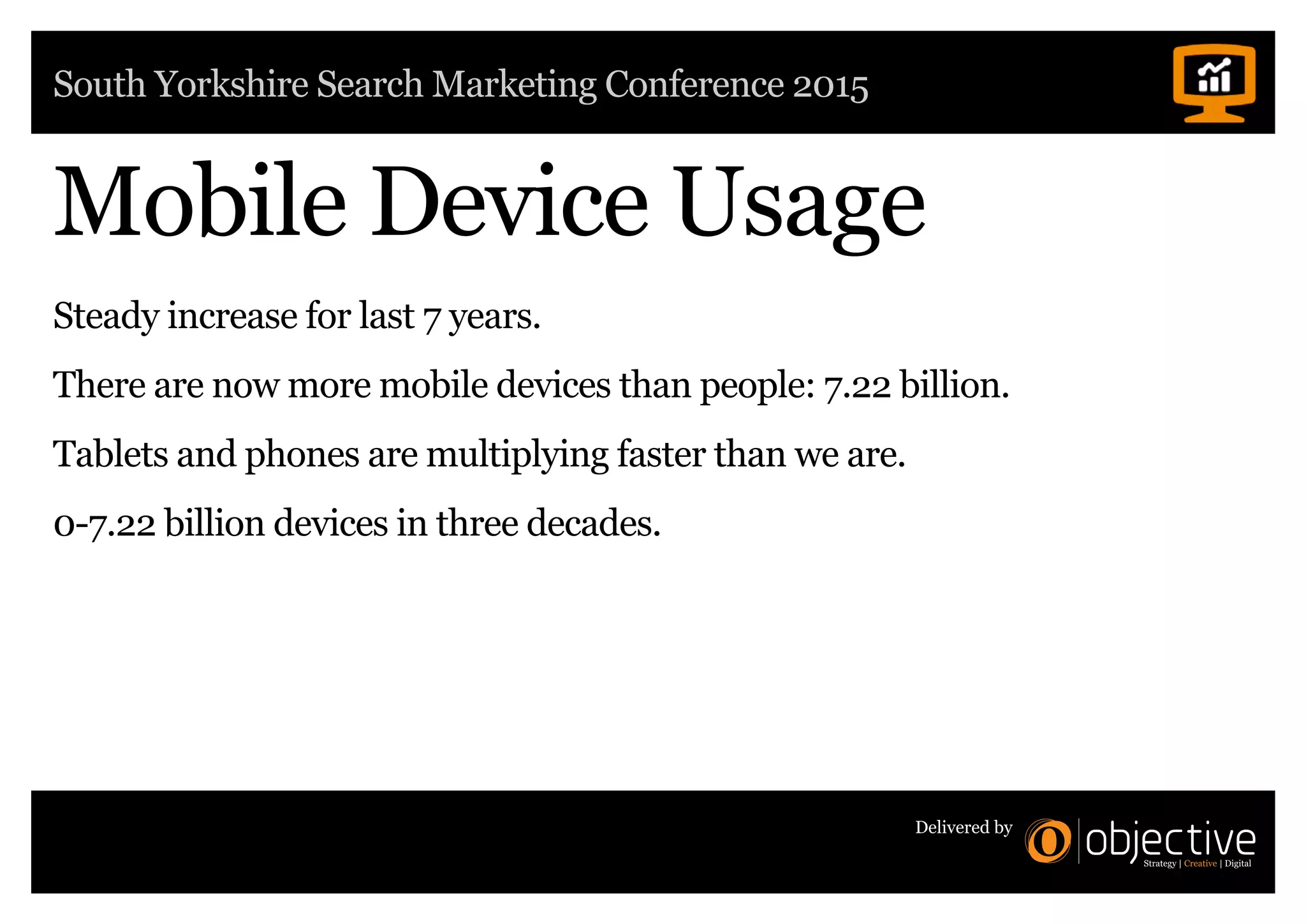 South Yorkshire Search Marketing Conference 2015
Delivered by
Mobile Device Usage
Steady increase for last 7 years.
There are now more mobile devices than people: 7.22 billion.
Tablets and phones are multiplying faster than we are.
0-7.22 billion devices in three decades.
 