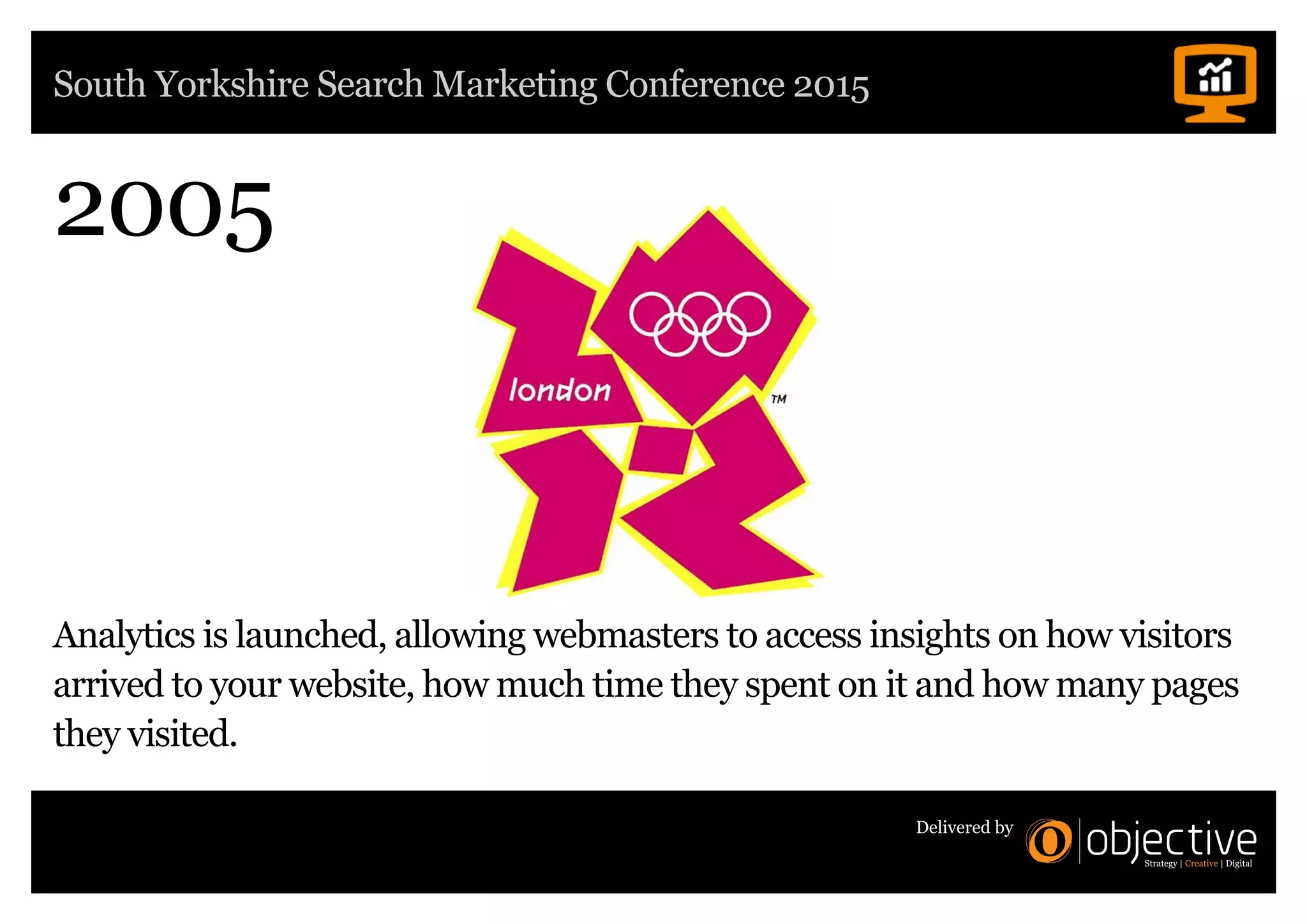 South Yorkshire Search Marketing Conference 2015
Delivered by
2005
Analytics is launched, allowing webmasters to access insights on how visitors
arrived to your website, how much time they spent on it and how many pages
they visited.
 