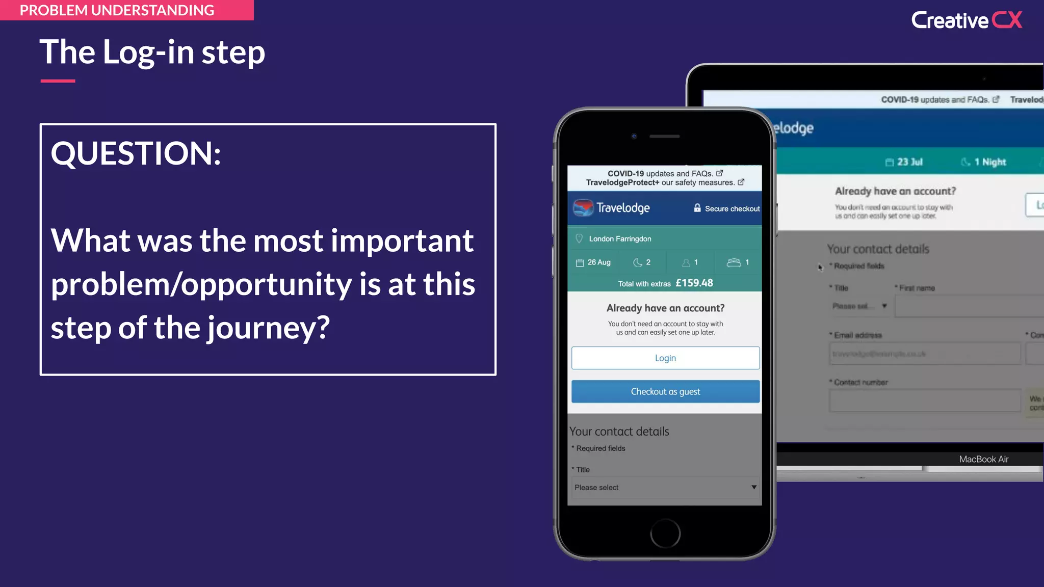 The Log-in step
PROBLEM UNDERSTANDING
QUESTION:
What was the most important
problem/opportunity is at this
step of the journey?
 