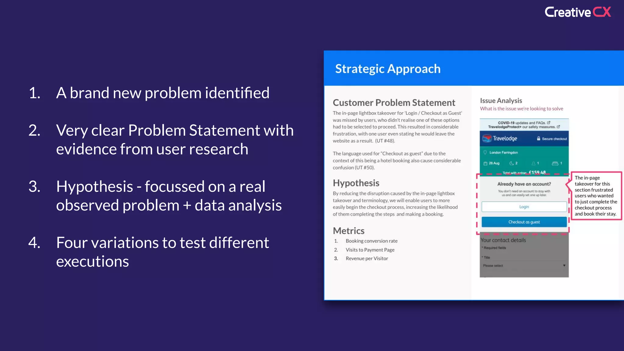 1. A brand new problem identiﬁed
2. Very clear Problem Statement with
evidence from user research
3. Hypothesis - focussed on a real
observed problem + data analysis
4. Four variations to test different
executions
 