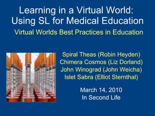 Learning in a Virtual World:  Using SL for Medical Education   Virtual Worlds Best Practices in Education ,[object Object],[object Object],[object Object],[object Object],[object Object],[object Object]