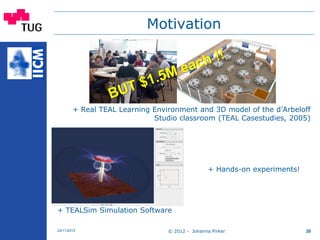 Motivation
+ Real TEAL Learning Environment and 3D model of the d’Arbeloff
Studio classroom (TEAL Casestudies, 2005)
+ Han...