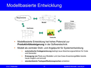 11© Dr. E. Wallmüller Qualität & Informatik - www.itq.ch
Modellbasierte Entwicklung
 Modellbasierte Entwicklung hat hohes Potenzial zur
Produktivitätssteigerung in der Softwaretechnik
 Modell als zentraler Dreh- und Angelpunkt für Systementwicklung
 automatische Codegenerierung bedingt neue Absicherungsverfahren für Code
und Generator
 Erzeugung von Tests aus Modellen und Use-Case-Anwendungsfällen bereits
heute möglich und sinnvoll
 standardisierte Testspezifikationssprachen entstehen
Requirements
Modell
Code
Testsuite
UseCases
 