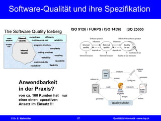 27© Dr. E. Wallmüller Qualität & Informatik - www.itq.ch
Software-Qualität und ihre Spezifikation
ISO 9126 / FURPS / ISO 14598
Anwendbarkeit
in der Praxis?
von ca. 100 Kunden hat nur
einer einen operativen
Ansatz im Einsatz !!!
ISO 25000
 