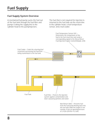 8
Fuel Supply
Fuel Supply System Overview
A mechanical fuel pump sucks the fuel out
of the fuel tank through the fuel filter and
pumps it along the supply line in the
cylinder head to the pump/injectors.
Fuel Cooler – Cools the returning fuel
to prevent excessively hot fuel from
being routed back to the fuel tank.
The fuel that is not required for injection is
returned to the fuel tank via the return line
in the cylinder head, a fuel temperature
sensor, and a fuel cooler.
Non-Return Valve – Prevents fuel
from the fuel pump flowing back into
the fuel tank while the engine is not
running. It has an opening pressure
of 2.9 psi (20 kPa / 0.2 bar).
Fuel Filter – Protects the injection
system against contamination and
wear caused by particles and water.
Fuel Temperature Sensor G81 –
Determines the temperature of the
fuel in the fuel return line and sends a
corresponding signal to the Diesel Direct
Fuel Injection Engine Control Module J248.
Fuel Tank
 