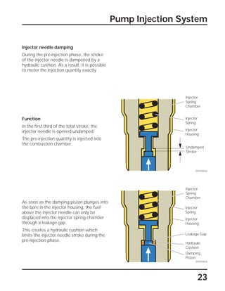 23
Pump Injection System
Injector needle damping
During the pre-injection phase, the stroke
of the injector needle is dampened by a
hydraulic cushion. As a result, it is possible
to meter the injection quantity exactly.
As soon as the damping piston plunges into
the bore in the injector housing, the fuel
above the injector needle can only be
displaced into the injector spring chamber
through a leakage gap.
This creates a hydraulic cushion which
limits the injector needle stroke during the
pre-injection phase.
Function
In the first third of the total stroke, the
injector needle is opened undamped.
The pre-injection quantity is injected into
the combustion chamber.
SSP209/036
Damping
Piston
Hydraulic
Cushion
Leakage Gap
Injector
Housing
Injector
Spring
Injector
Spring
Chamber
SSP209/035
Undamped
Stroke
Injector
Housing
Injector
Spring
Injector
Spring
Chamber
 