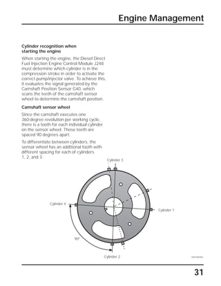 Engine Management
31
Cylinder recognition when
starting the engine
When starting the engine, the Diesel Direct
Fuel Injection Engine Control Module J248
must determine which cylinder is in the
compression stroke in order to activate the
correct pump/injector valve. To achieve this,
it evaluates the signal generated by the
Camshaft Position Sensor G40, which
scans the teeth of the camshaft sensor
wheel to determine the camshaft position.
Camshaft sensor wheel
Since the camshaft executes one
360-degree revolution per working cycle,
there is a tooth for each individual cylinder
on the sensor wheel. These teeth are
spaced 90 degrees apart.
To differentiate between cylinders, the
sensor wheel has an additional tooth with
different spacing for each of cylinders
1, 2, and 3.
SSP209/094Cylinder 2
Cylinder 1
Cylinder 3
Cylinder 4
90°
 